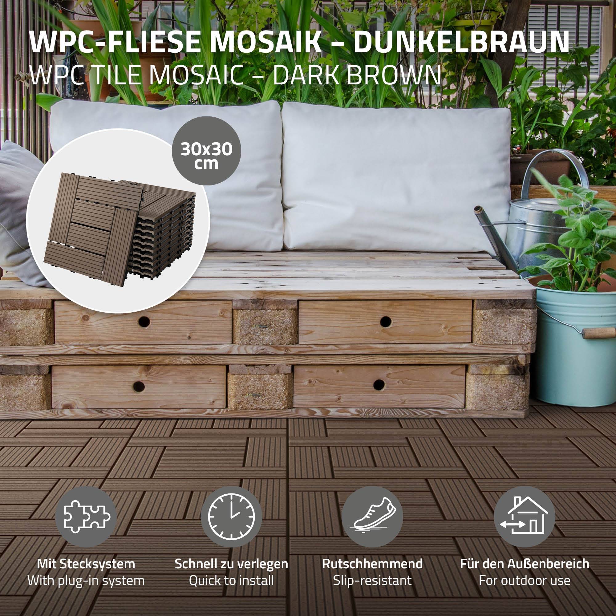 Ecd-Germany - Carreaux WPC de sol 30x30cm 4 m² pour mosaïque marron foncé - Imagen 2