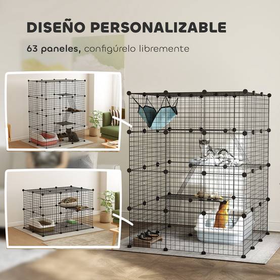 Grande cage d'intérieur à 4 niveaux pour chat, avec 5 portes, 3 plateformes de saut, 3 rampes et un hamac, 105 x 105 x 140 cm, noire - Image 7