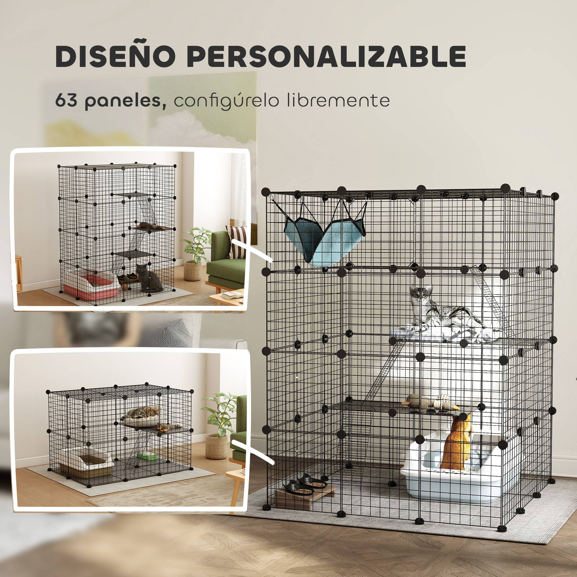 Grande cage d'intérieur à 4 niveaux pour chat, avec 5 portes, 3 plateformes de saut, 3 rampes et un hamac, 105 x 105 x 140 cm, noire - Image 7