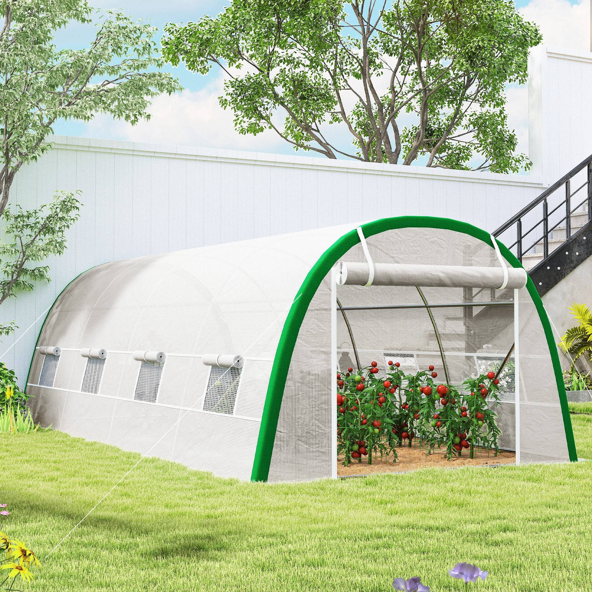 Outsunny - Serre à Tomates Tunnel 18m² 6x3x2m 8 fenêtres Porte zippée Enroulable Châssis Acier Galvanisé Bâche PE Haute Densité Blanc - Outsunny - Image 10