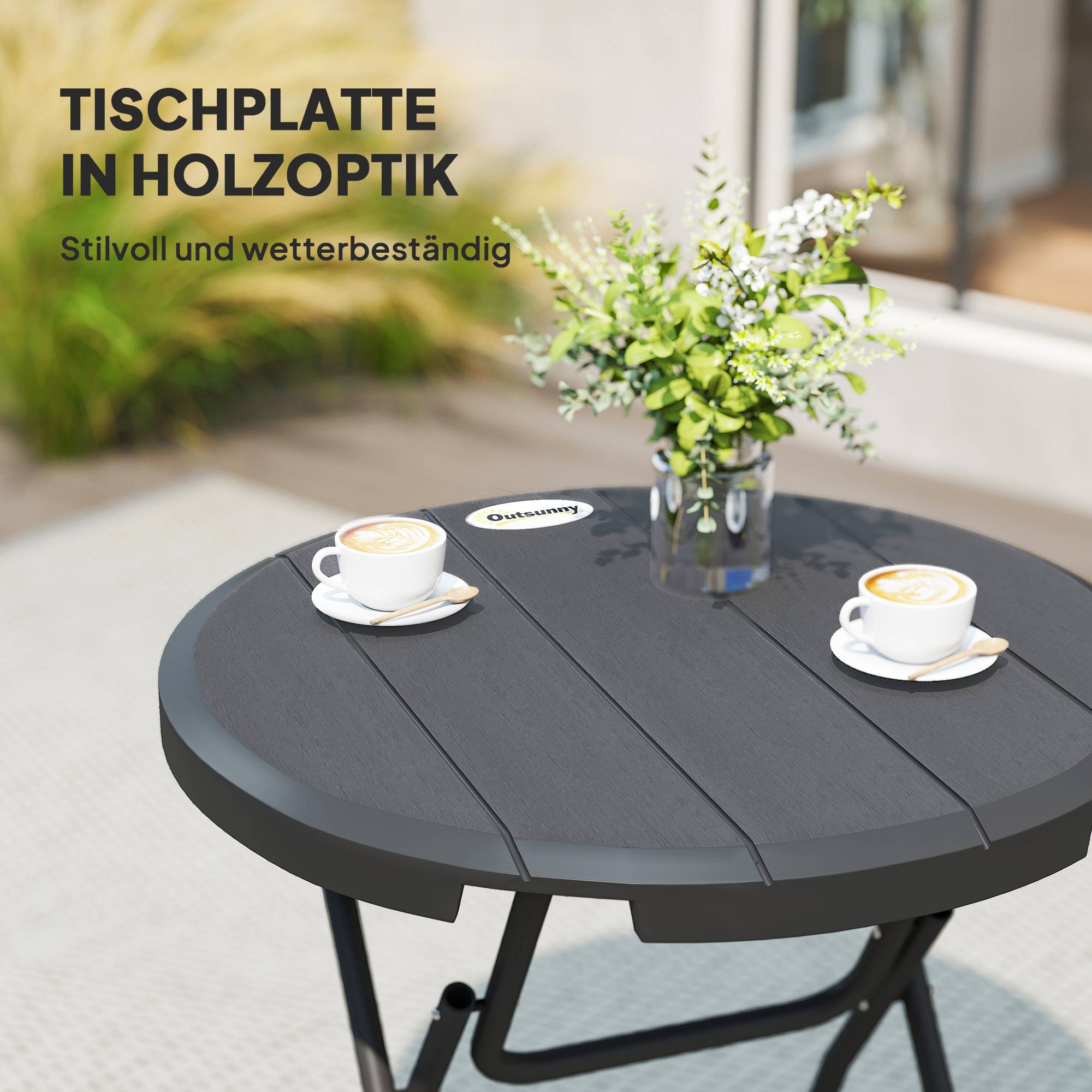 Table ronde pliable pour 4 personnes acier plastique aspect bois, robuste peu encombrante, gris foncé 80x80x73 cm - Image 5
