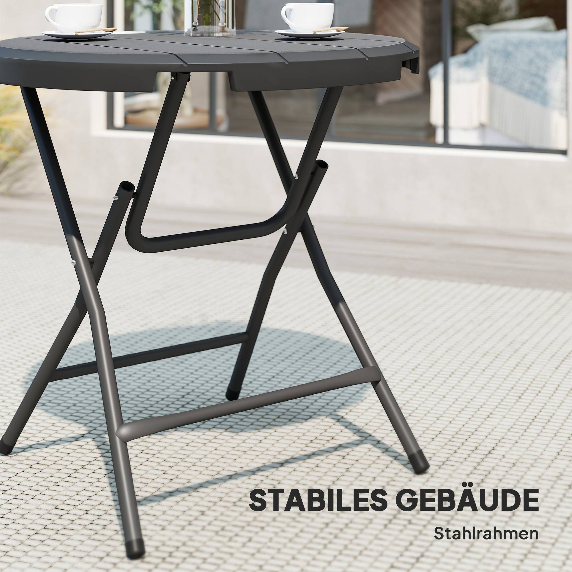 Table ronde pliable pour 4 personnes acier plastique aspect bois, robuste peu encombrante, gris foncé 80x80x73 cm - Image 6