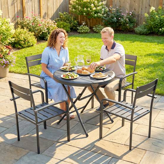 Table ronde pliable pour 4 personnes acier plastique aspect bois, robuste peu encombrante, gris foncé 80x80x73 cm - Image 8