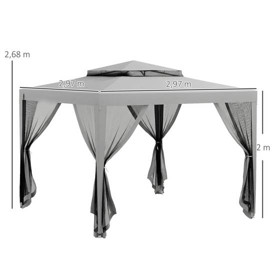Tonnelle de Jardin 3x3 m Acier avec 4 Moustiquaires et Double Toit Protection UV Gris - ComfortXL Outdoor Living - Image 5