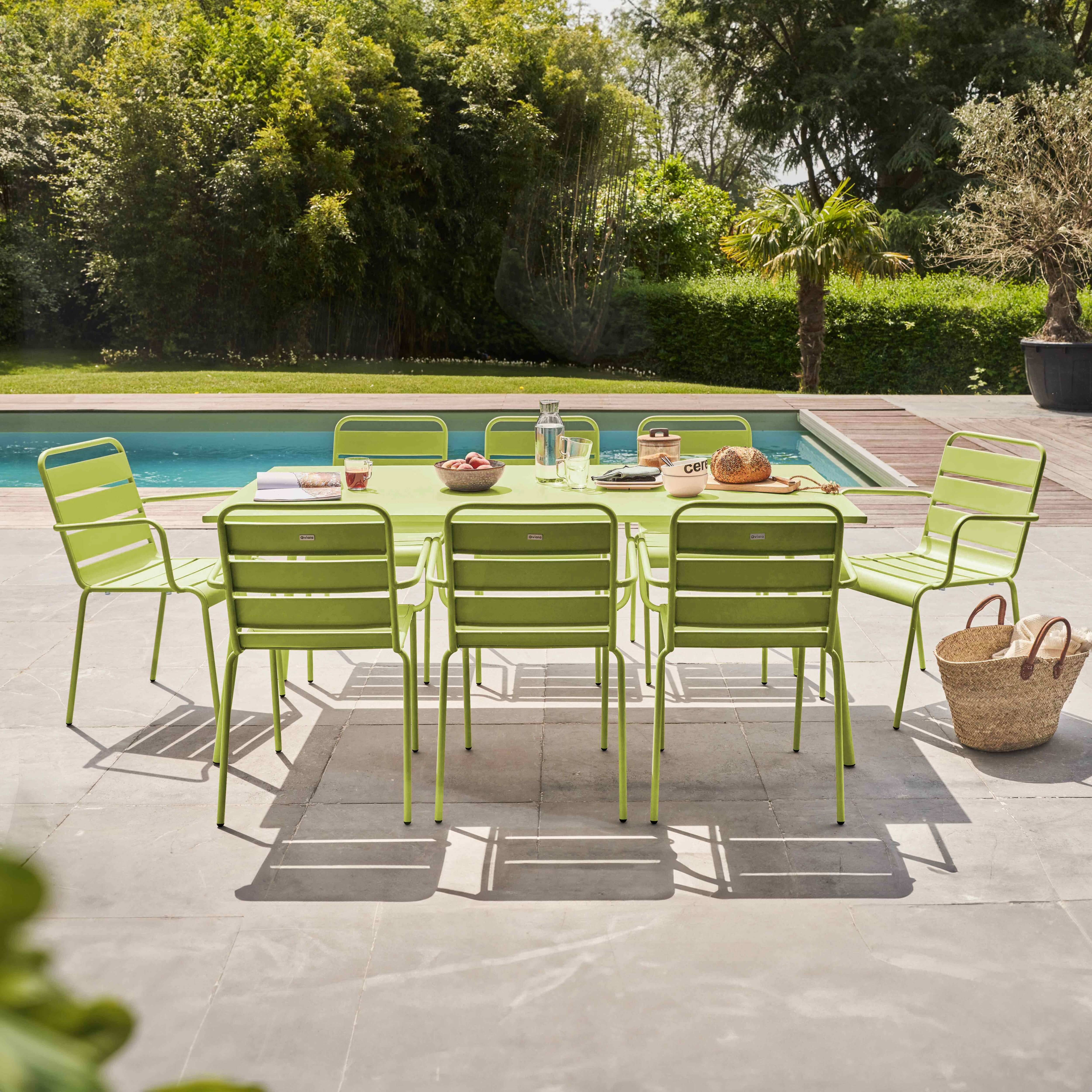 Oviala - Ensemble table de Jardin et 8 fauteuils en métal vert Palavas - Oviala - Imagen 3