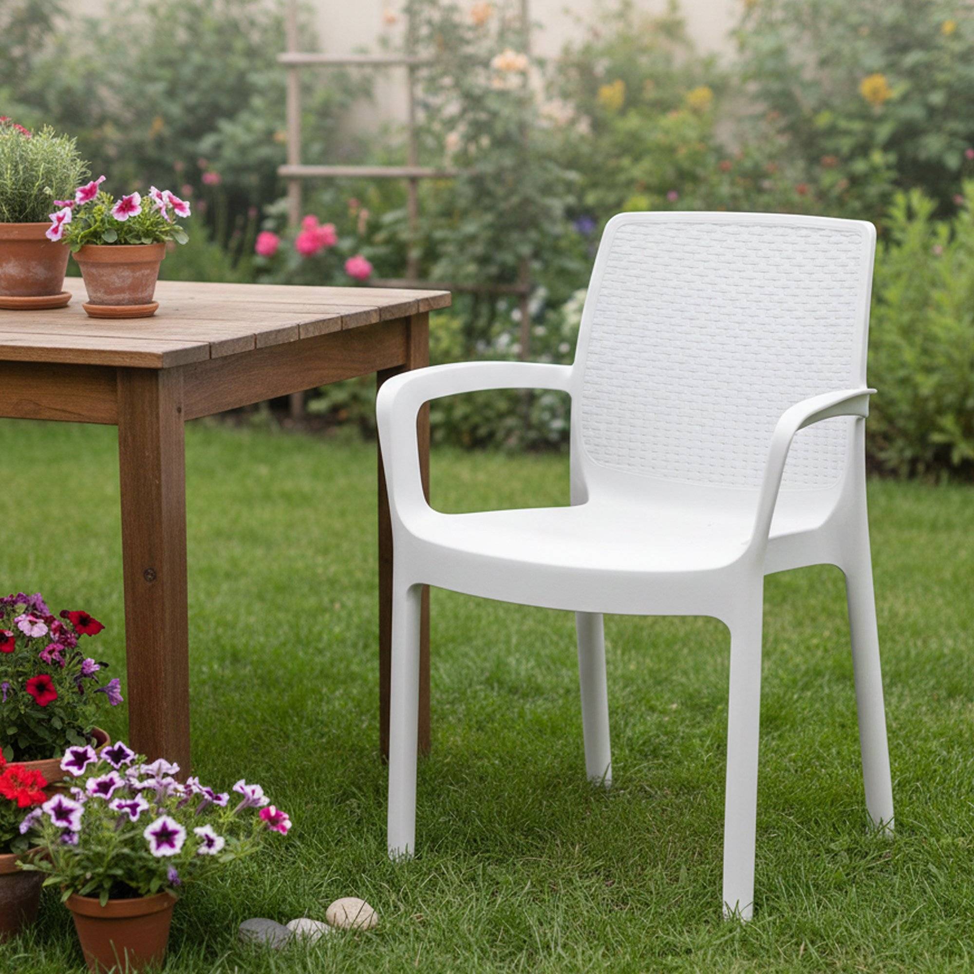 Dmora - Chaise d'extérieur Damols, Siège de jardin, Chaise pour table à manger, Fauteuil d'extérieur effet rotin, 54x60h82 cm, Blanc - Dmora - Imagen 2
