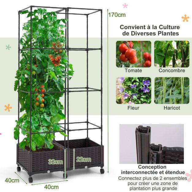 Helloshop26 - Potager surélevé vertical de 170 cm avec bac et treillis jardinière avec système d'auto-irrigation hauteur ajustable bac à tomates sur roues - Imagen 4