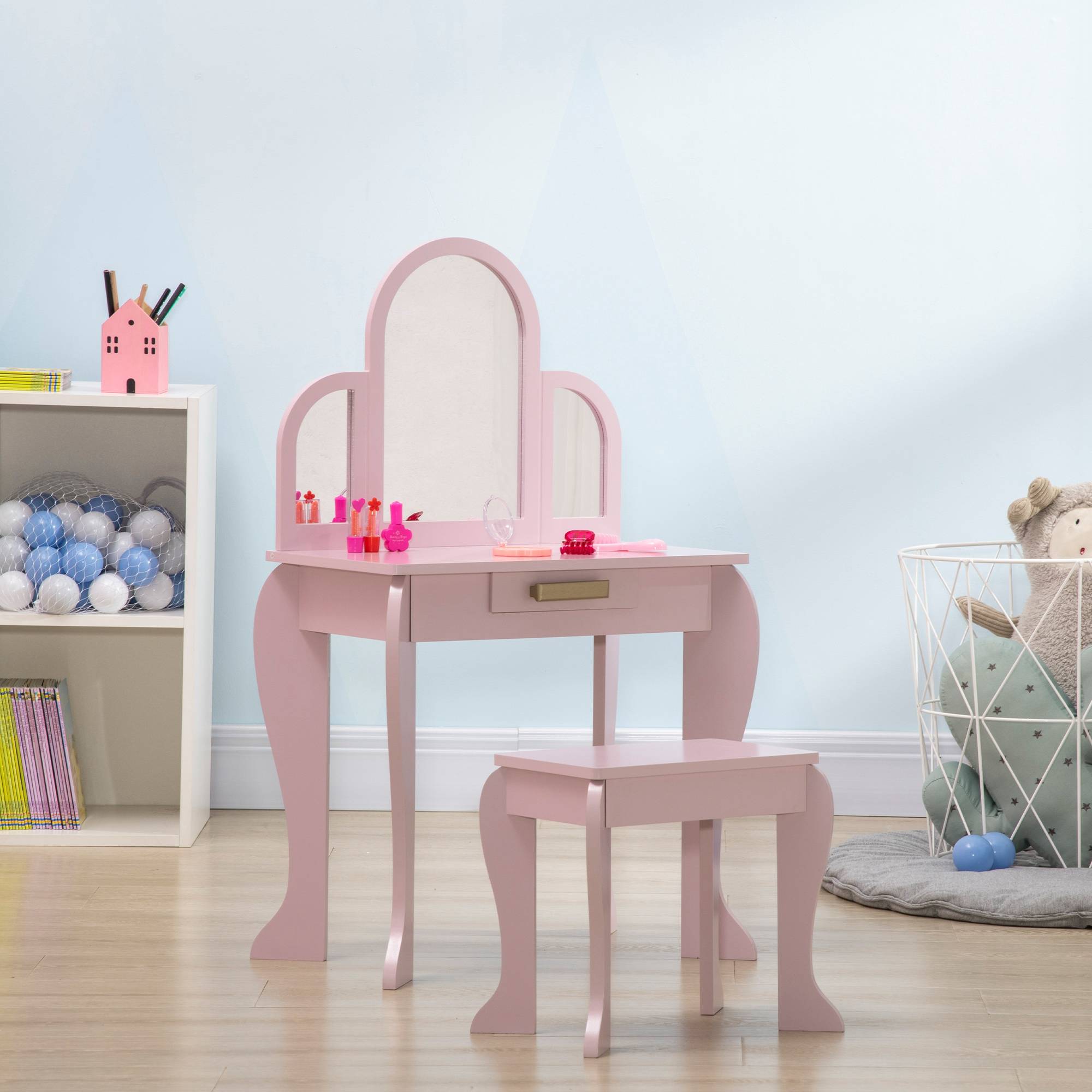 Sans Marque - Coiffeuse rose en acrylique pour filles de 3 à 6 ans avec tabouret, tiroirs et miroir assorti - Image 4