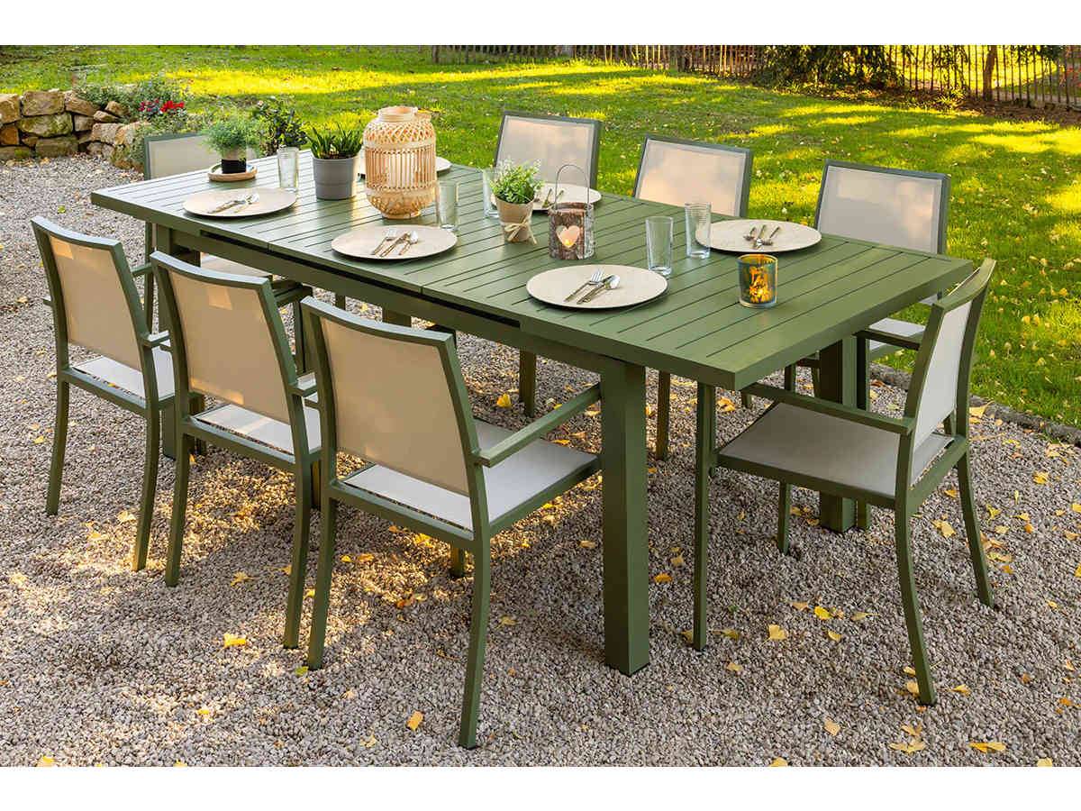 Table de jardin rectangulaire extensible en aluminium Santorin kaki 8/10 places - Jardiline + 10 fauteuils - Imagen 5