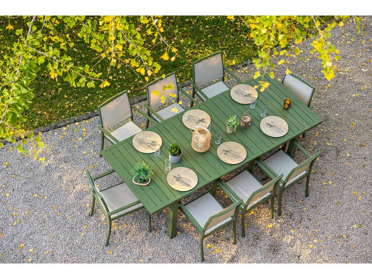 Table de jardin rectangulaire extensible en aluminium Santorin kaki 8/10 places - Jardiline + 10 fauteuils - Imagen 4