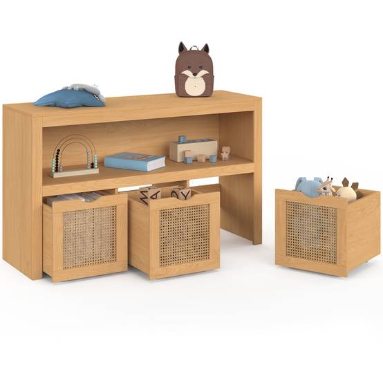 IDMARKET - Meuble de rangement enfant EDHEN bois et cannage 3 tiroirs cubes sur roulettes - Image 2