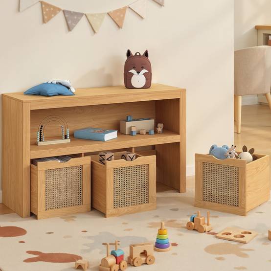 IDMARKET - Meuble de rangement enfant EDHEN bois et cannage 3 tiroirs cubes sur roulettes - Image 1