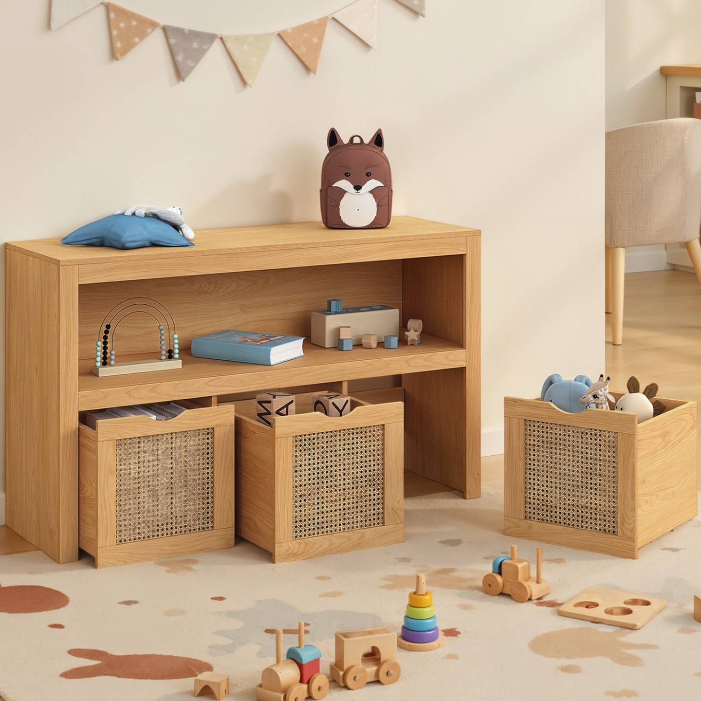 IDMARKET - Meuble de rangement enfant EDHEN bois et cannage 3 tiroirs cubes sur roulettes