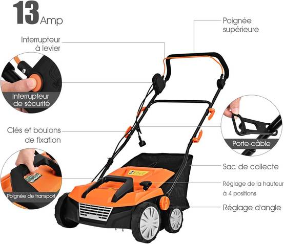 Costway - Scarificateur de Pelouse Électrique de 13A,Scarificateur et Aérateur Filaire avec 2 Lames (Orange) - Image 3
