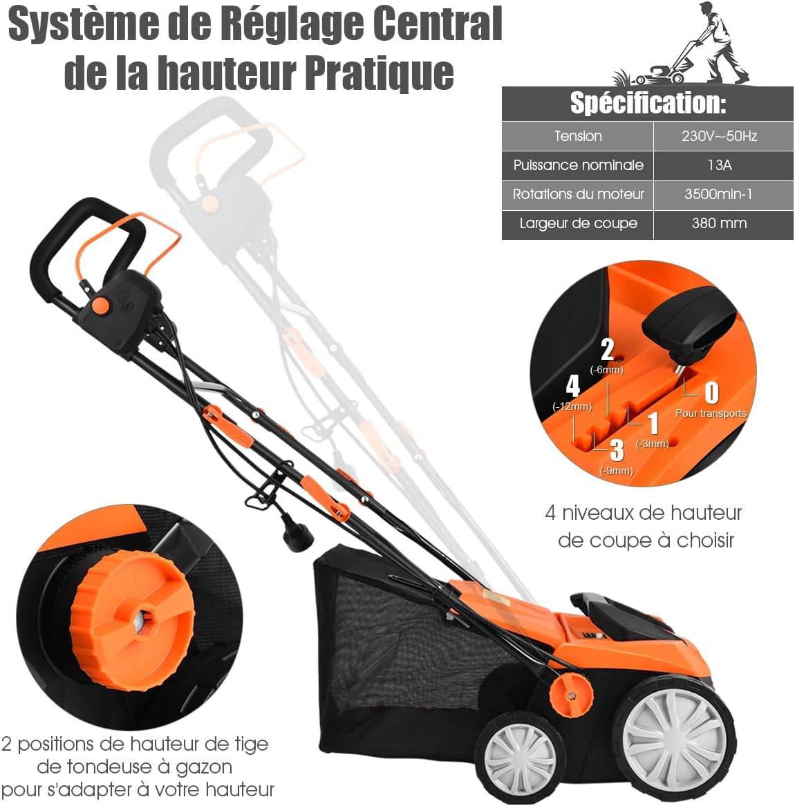 Costway - Scarificateur de Pelouse Électrique de 13A,Scarificateur et Aérateur Filaire avec 2 Lames (Orange) - Image 5