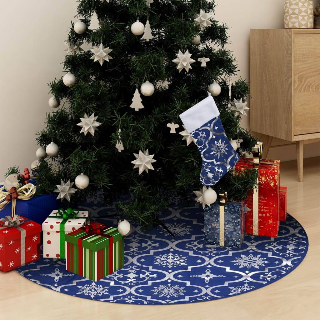 Jupe de sapin de Noël - Robe de sapin - Tapis de sapin de luxe avec chaussette Bleu 122 cm Tissu - Image 2