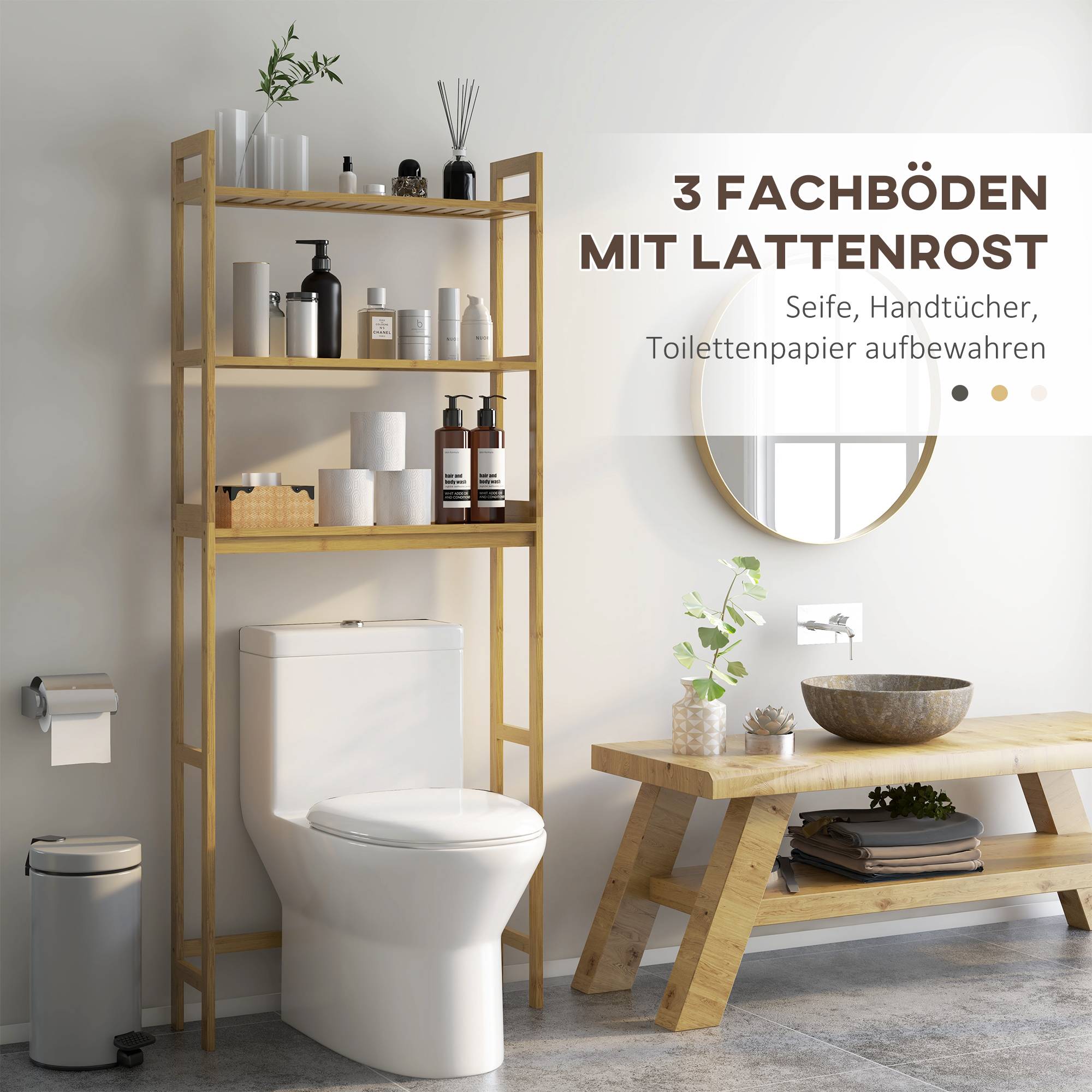 Sans Marque - Étagère salle bain étagère toilette 3 étagères résistante eau 68x20x165 cm naturelle - Image 5