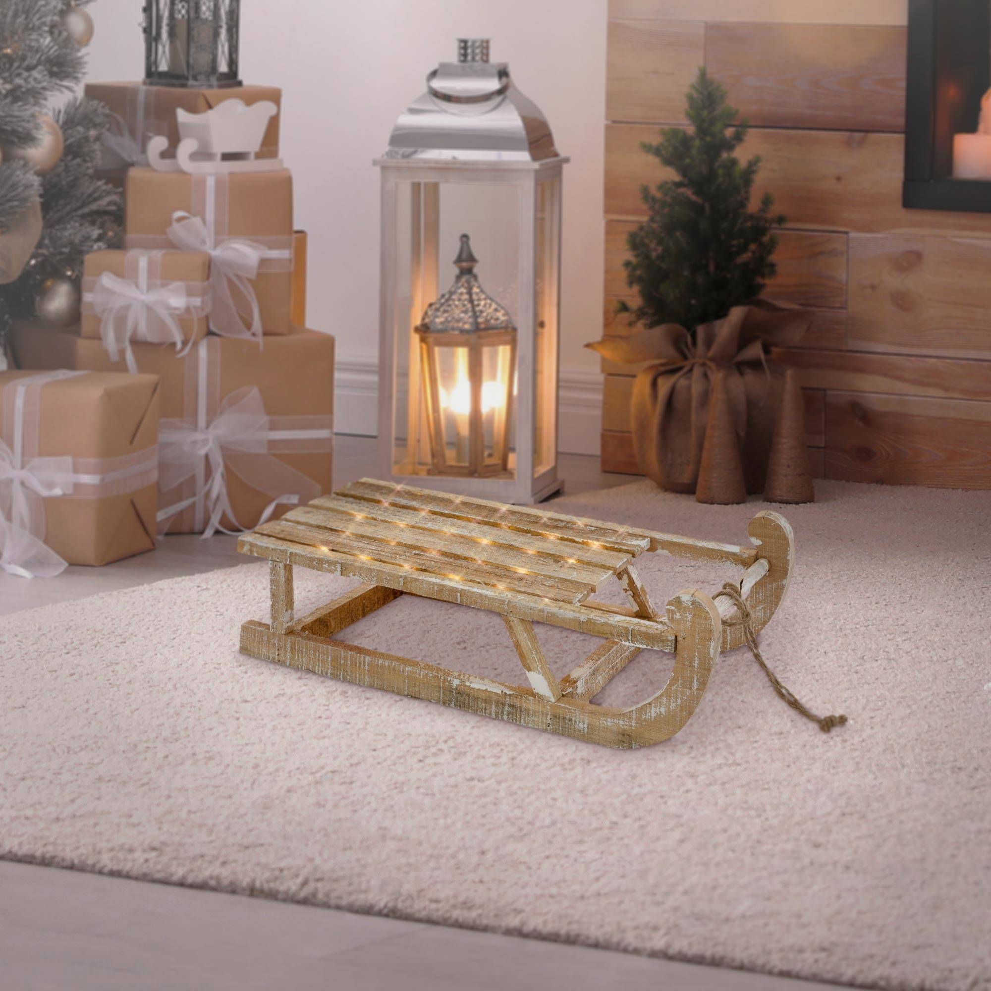 Ecd-Germany - Traineau décoratif de Noël en bois marron décoration avec LED blanc chaud 50,5cm - Imagen 7