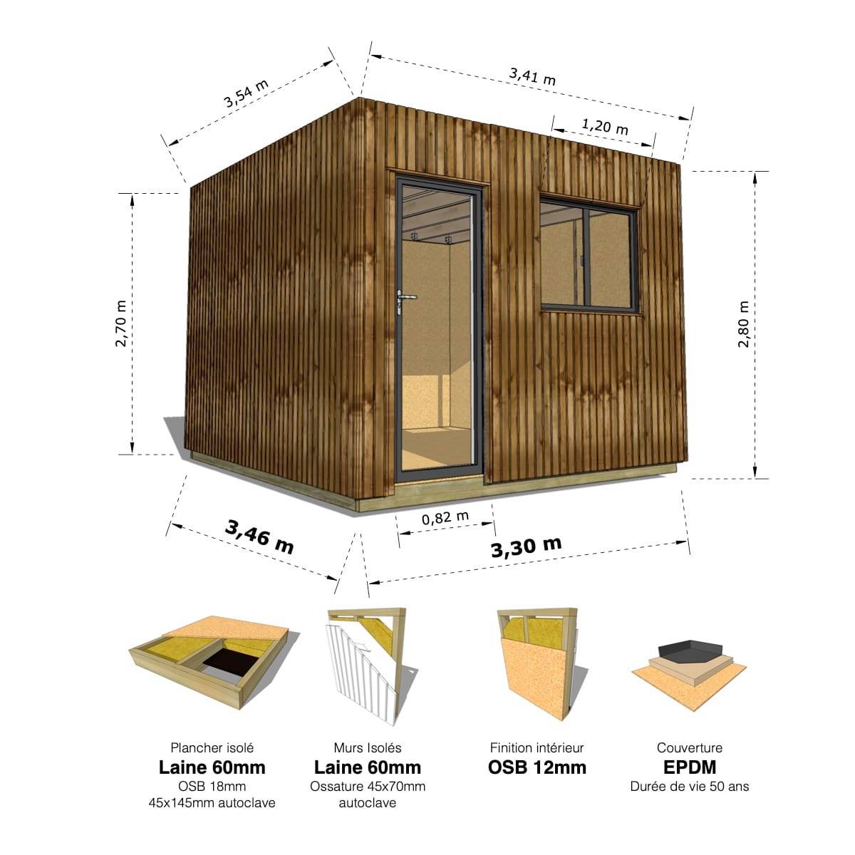 Sans Marque - STUDIO DE JARDIN / 11,8 m2 - 3,35 x 3,52m / Plancher isolé / Bardage Brun / Intérieur OSB / Livraison Gratuite / Studio Français - Imagen 1