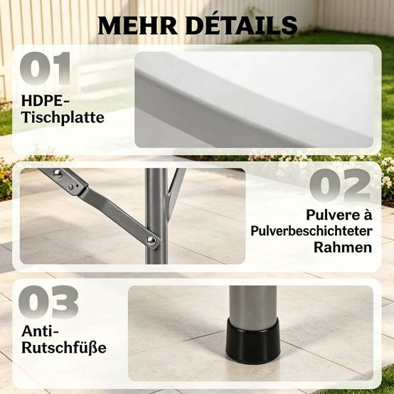 ComfortXL - Table ronde pliante HDPE acier Ø122 cm gris et blanc jardin 6 personnes gain de place - ComfortXL Outdoor Living - Image 2