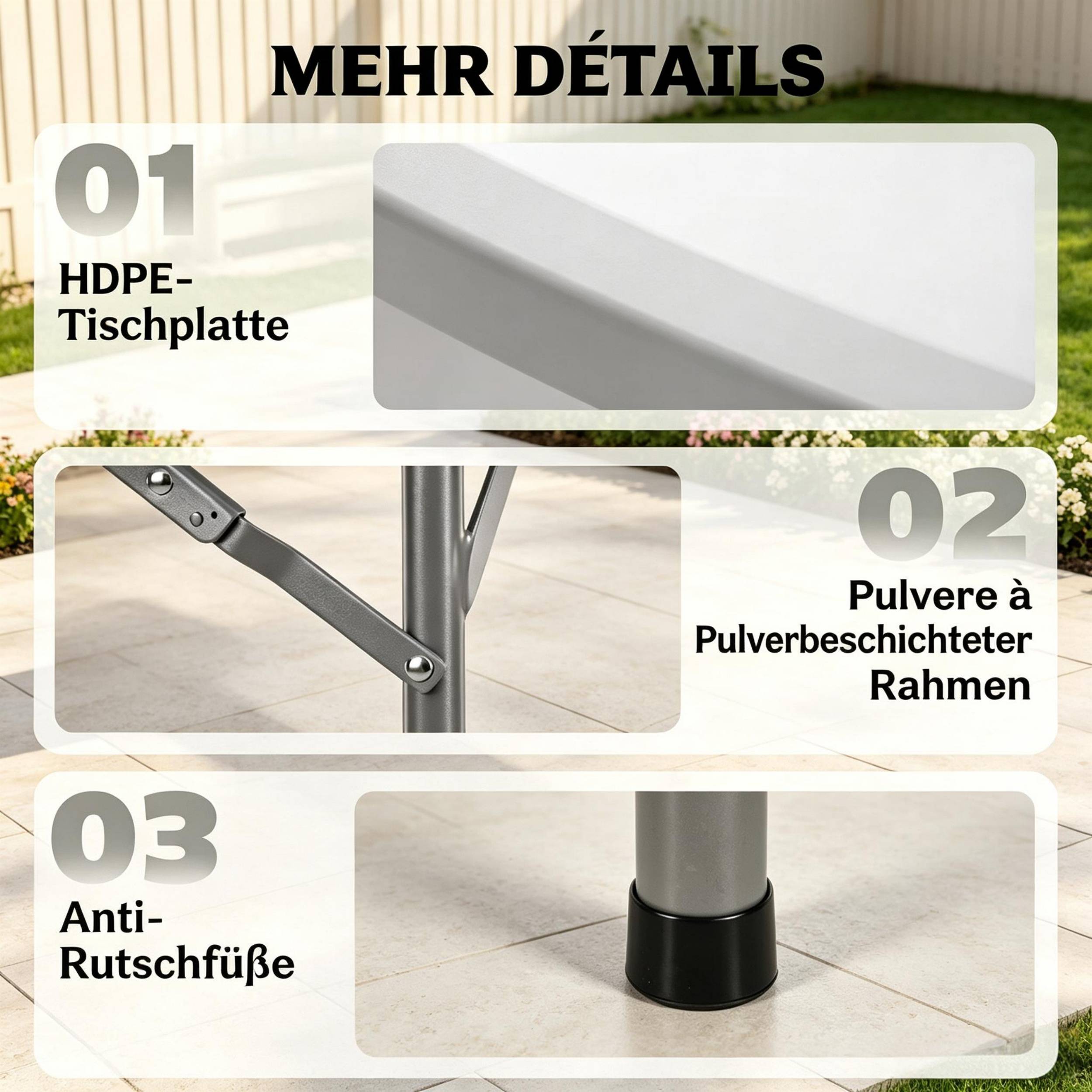 ComfortXL - Table ronde pliante HDPE acier Ø122 cm gris et blanc jardin 6 personnes gain de place - ComfortXL Outdoor Living - Image 2