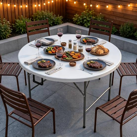 ComfortXL - Table ronde pliante HDPE acier Ø122 cm gris et blanc jardin 6 personnes gain de place - ComfortXL Outdoor Living - Image 3