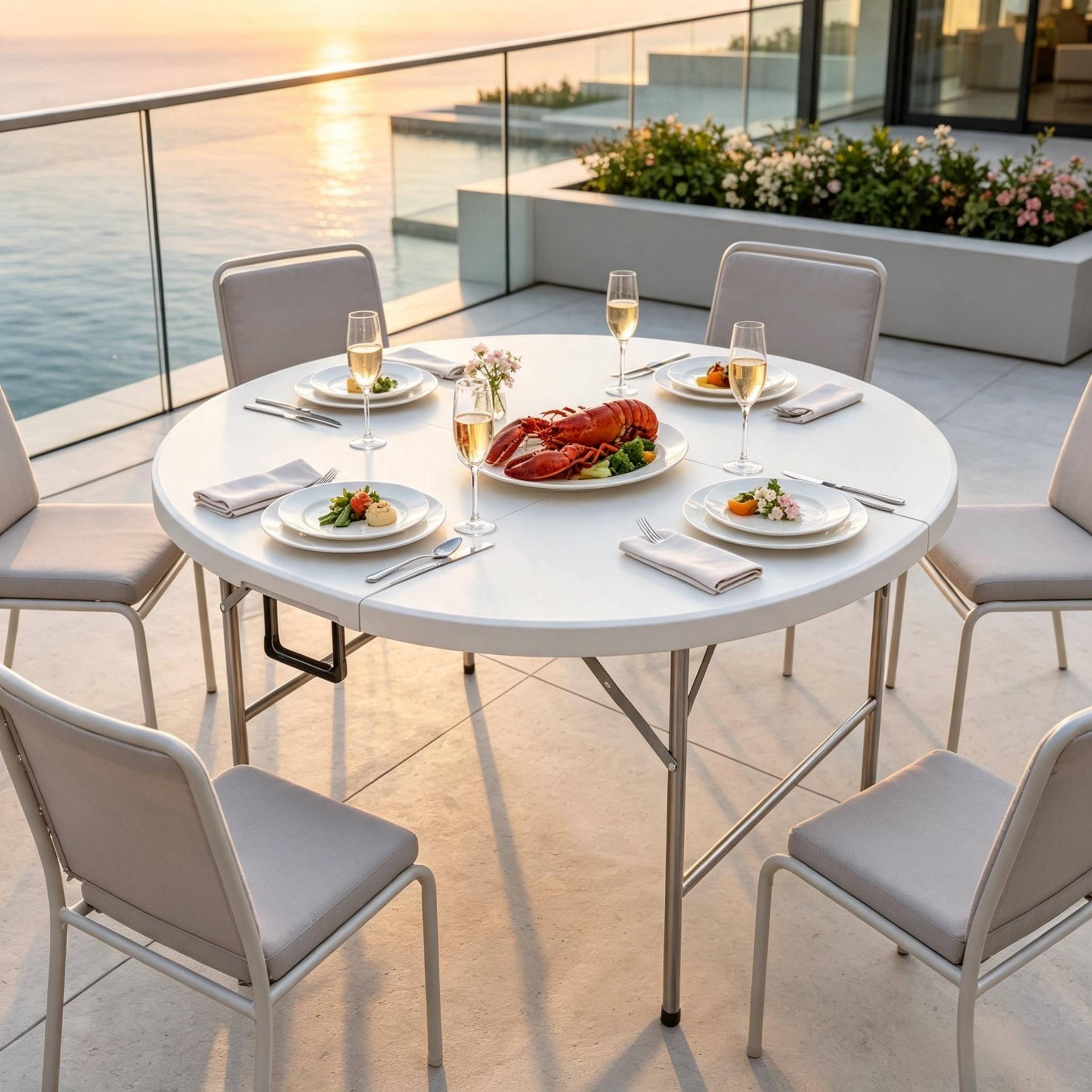 ComfortXL - Table ronde pliante HDPE acier Ø122 cm gris et blanc jardin 6 personnes gain de place - ComfortXL Outdoor Living - Image 1