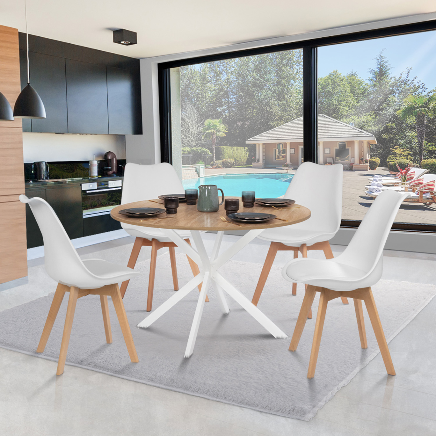 Table à manger ronde ALIX 6 personnes pied araignée bois et blanc 110 cm - Image 1