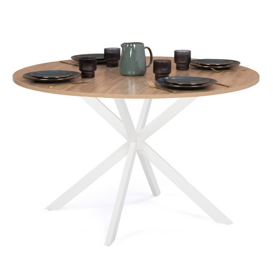 Table à manger ronde ALIX 6 personnes pied araignée bois et blanc 110 cm - Image 2