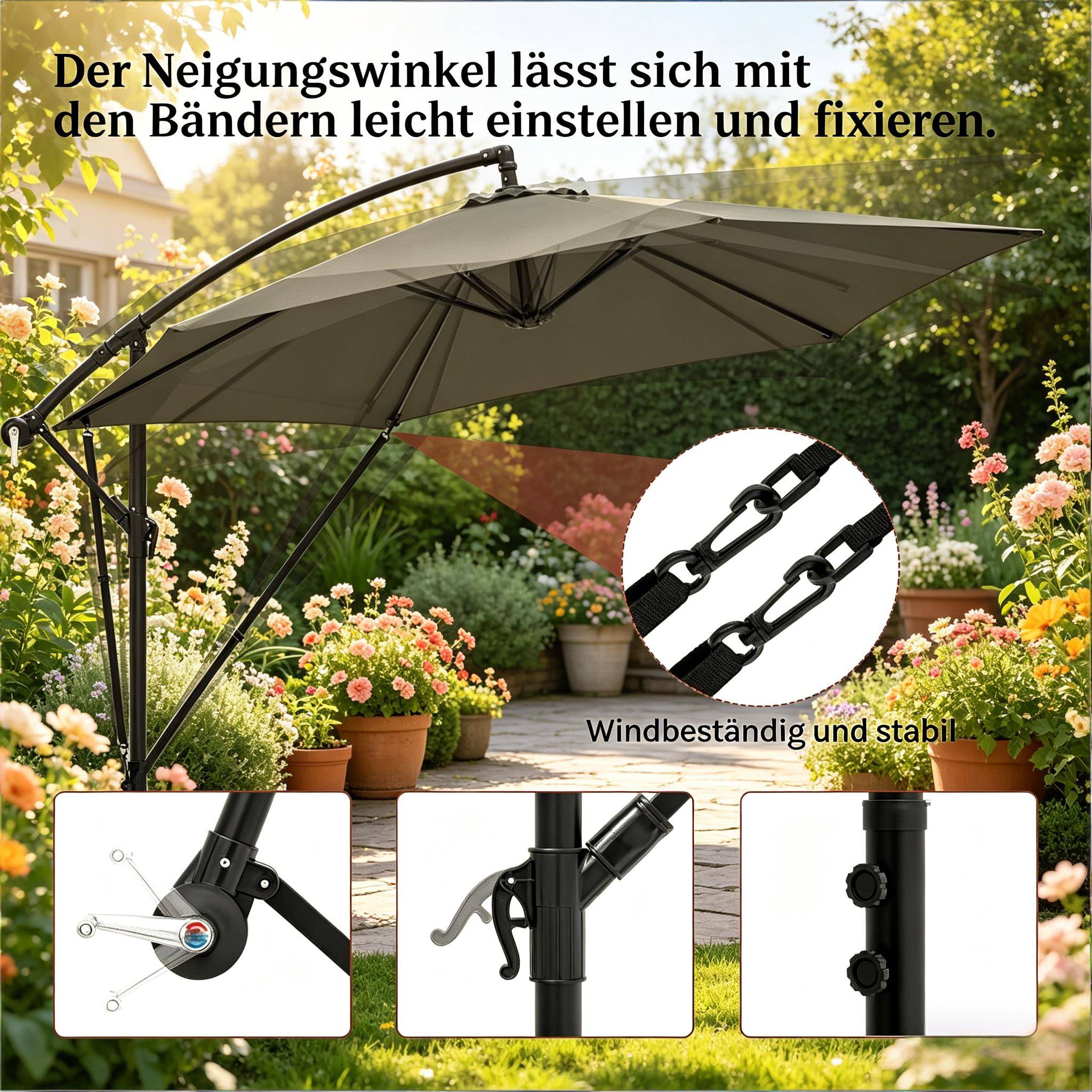 ComfortXL - Parasol Déporté 3x3m Mât Métal pour Jardin Terrasse Inclinable Rotatif Anti-UV Gris Foncé - ComfortXL Outdoor Living - Image 4