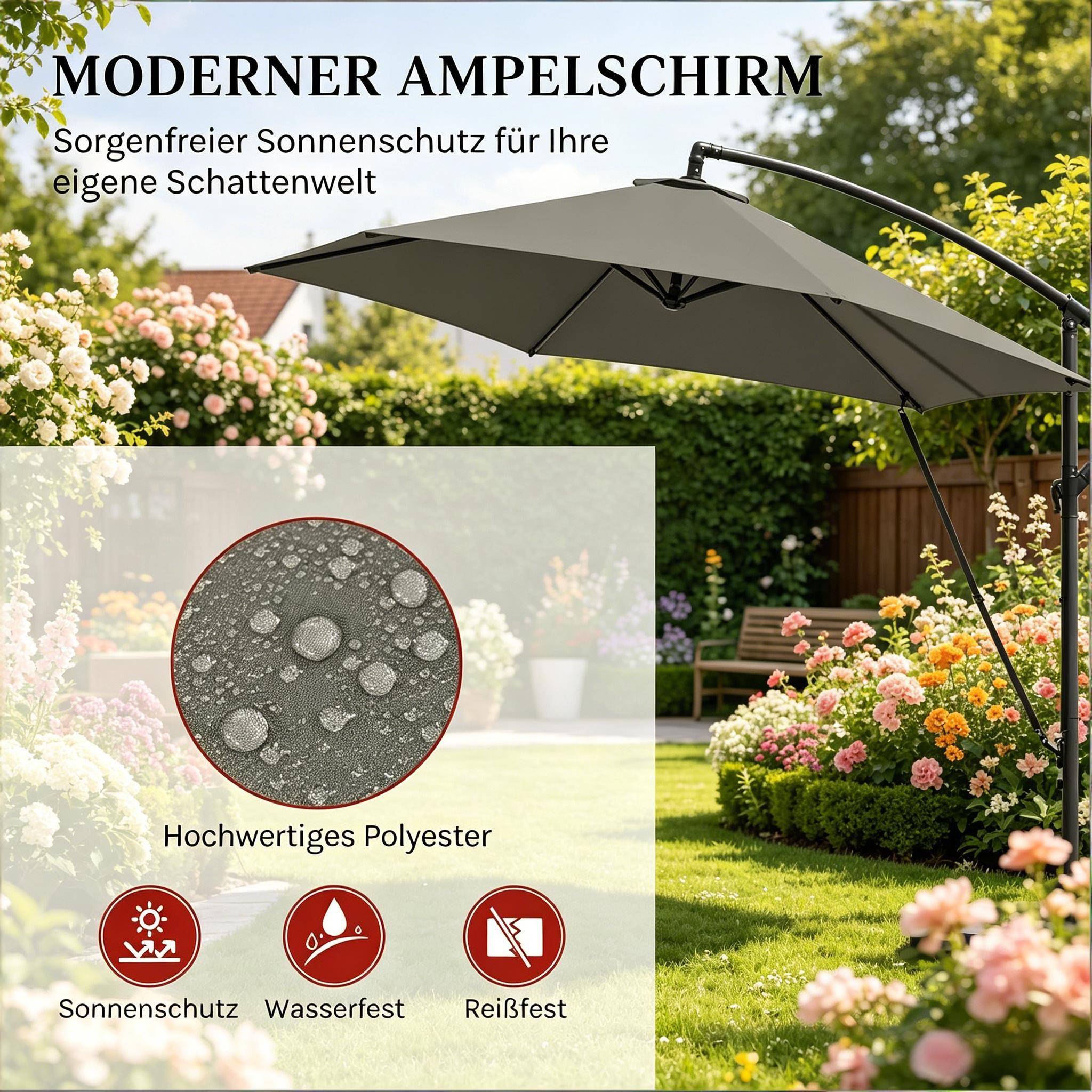 ComfortXL - Parasol Déporté 3x3m Mât Métal pour Jardin Terrasse Inclinable Rotatif Anti-UV Gris Foncé - ComfortXL Outdoor Living - Image 3