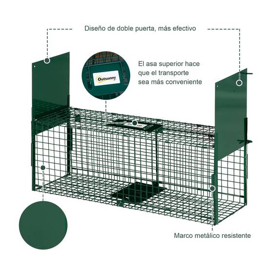 Cage de capture pour animaux vivants à 2 portes, en métal avec poignée, pour lapins, visons et petits renards, 80 x 25 x 30 cm, vert foncé - Image 8
