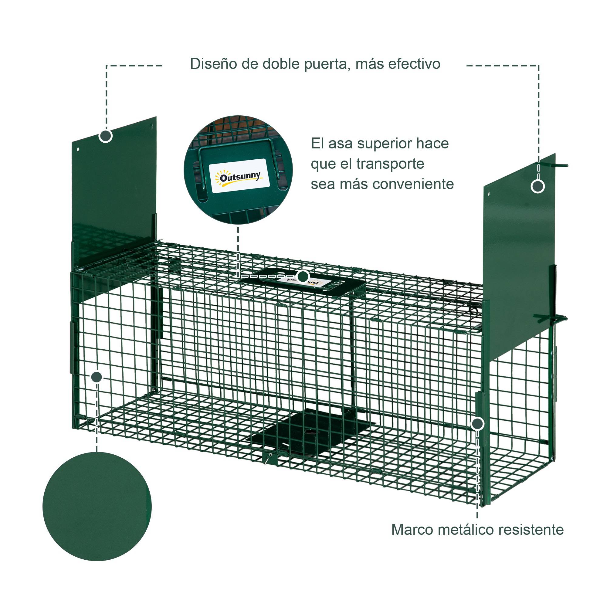 Cage de capture pour animaux vivants à 2 portes, en métal avec poignée, pour lapins, visons et petits renards, 80 x 25 x 30 cm, vert foncé - Image 8