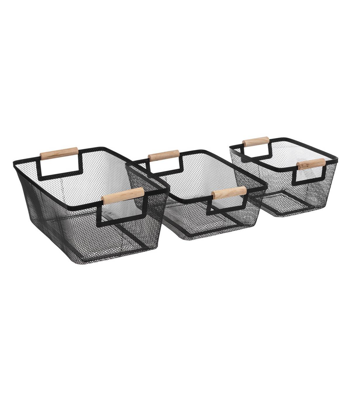 Lot de 3 Paniers de rangement en Métal Noir et Bois de Pin - Imagen 1