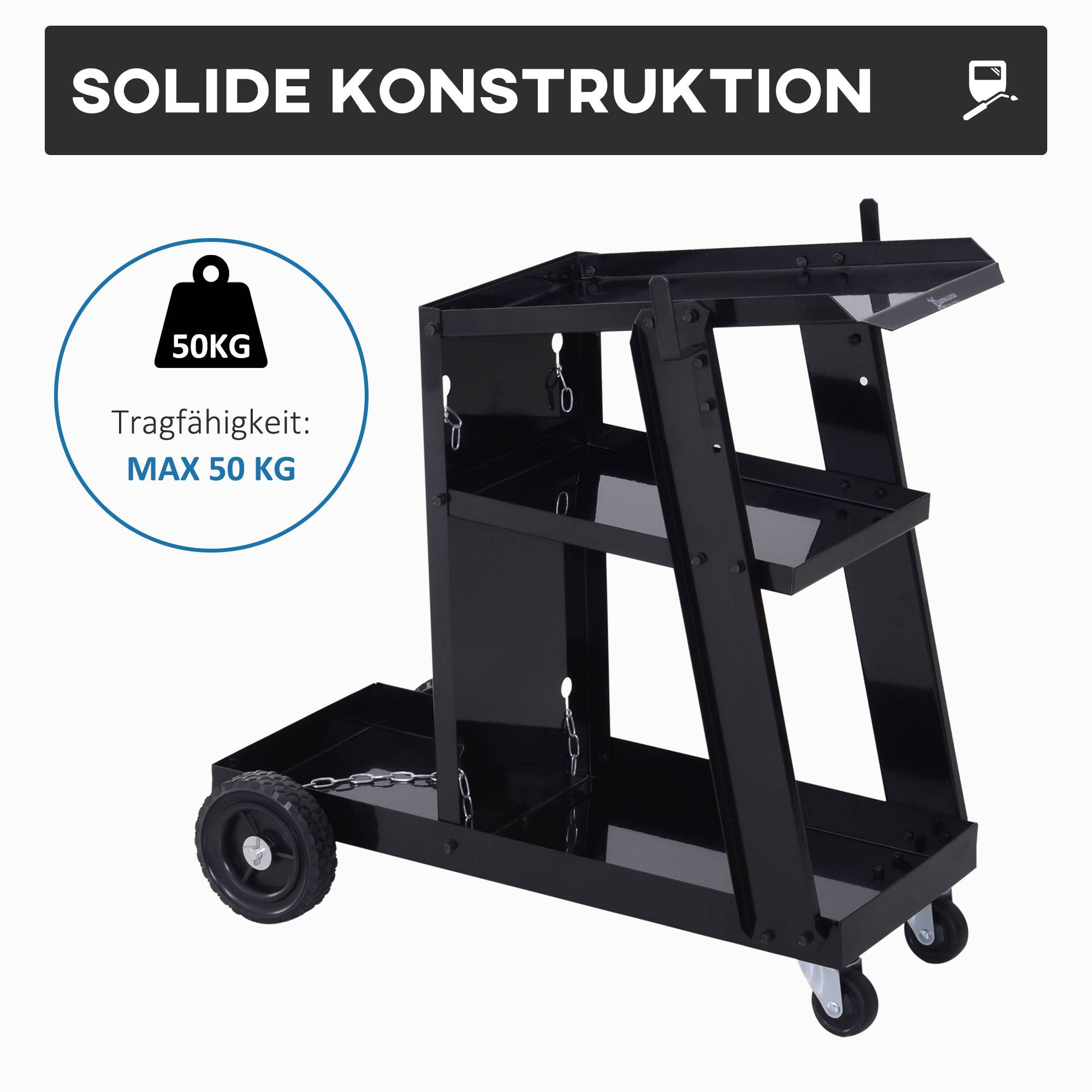 Sans Marque - Chariot de soudage, 3 étagères, chaîne de sécurité, 4 roues, acier, 71 x 39 x 70 cm, noir - Image 8