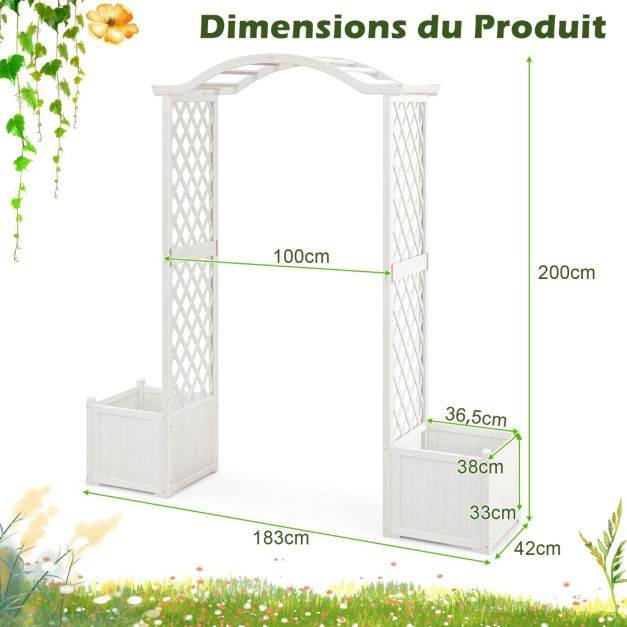 Helloshop26 - Arche de jardin avec jardinière en bois avec treillis pergola extérieur pour plantes grimpantes légumes décoration blanc - Imagen 4