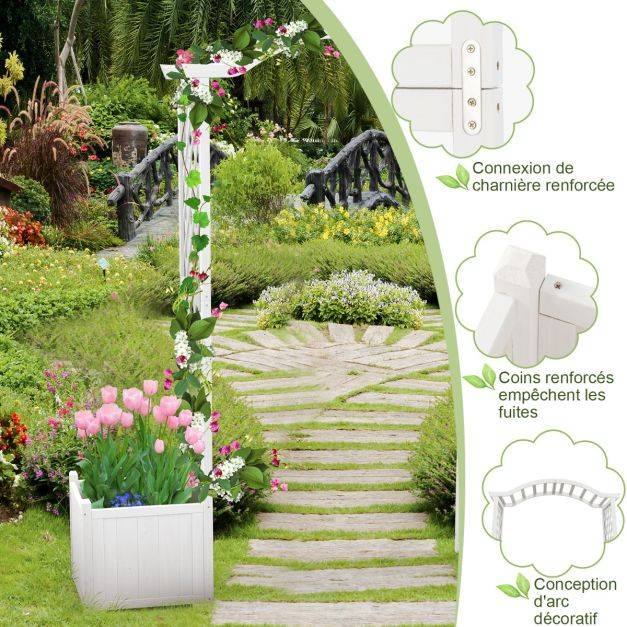 Helloshop26 - Arche de jardin avec jardinière en bois avec treillis pergola extérieur pour plantes grimpantes légumes décoration blanc - Imagen 3