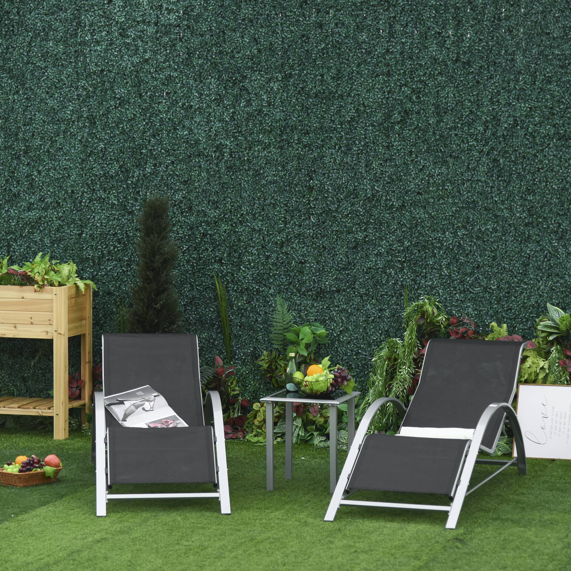 Lot de 2 transats jardin + table verre, lit bronzage tissu respirant, 59x169x66cm, noir gris - Image 4
