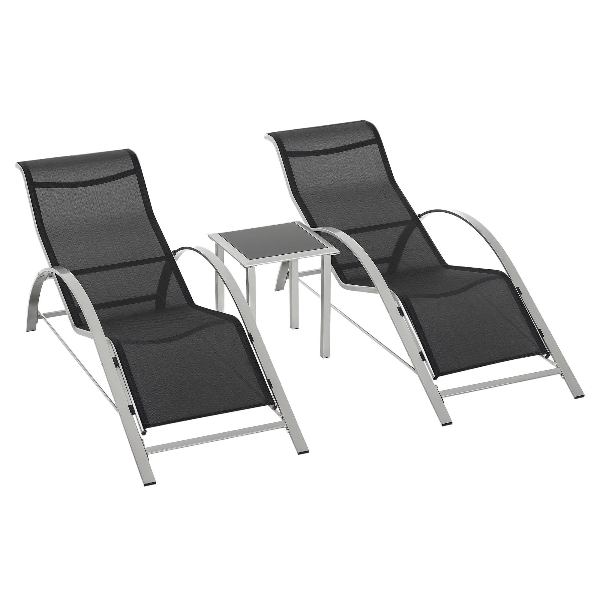 Lot de 2 transats jardin + table verre, lit bronzage tissu respirant, 59x169x66cm, noir gris - Image 1