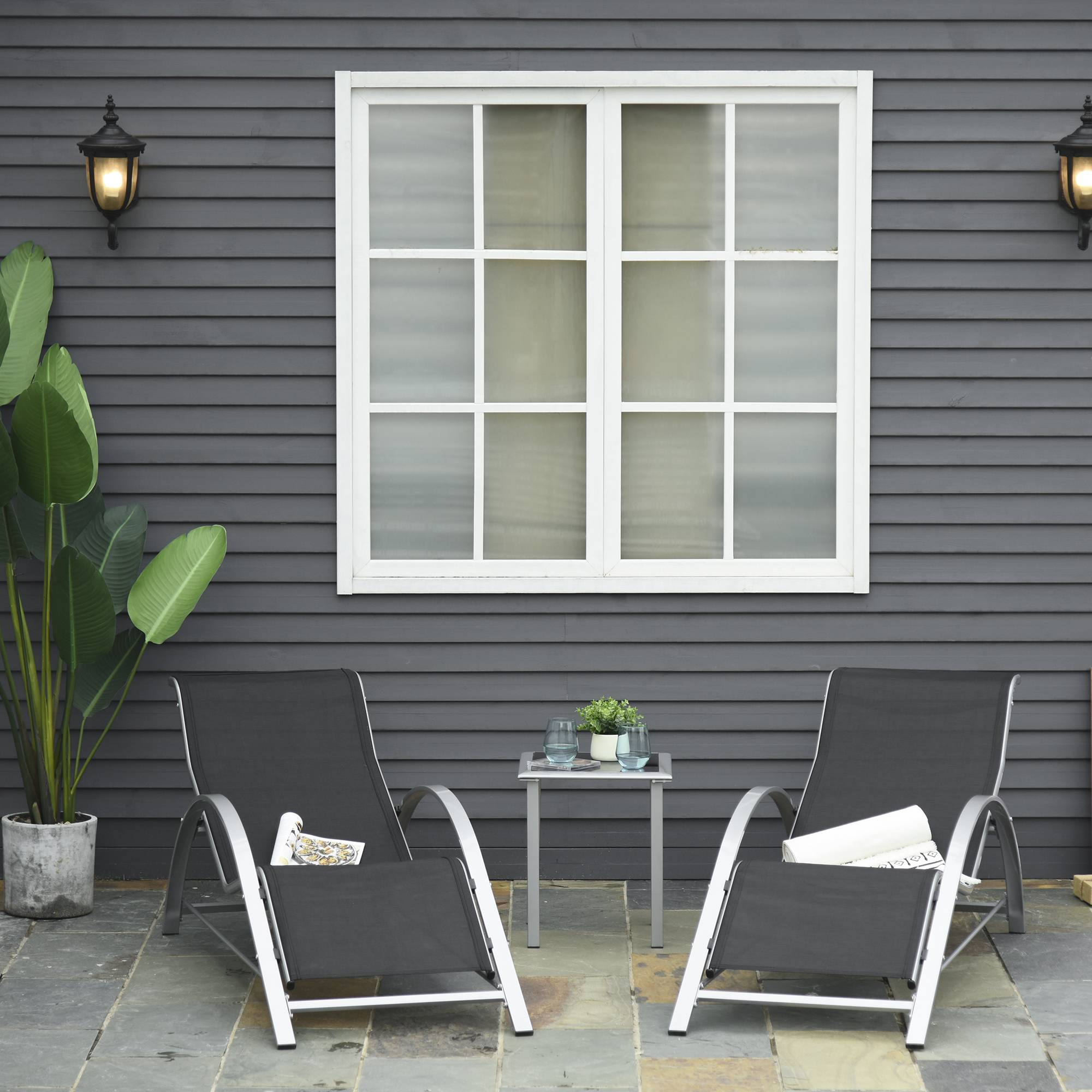 Lot de 2 transats jardin + table verre, lit bronzage tissu respirant, 59x169x66cm, noir gris - Image 3