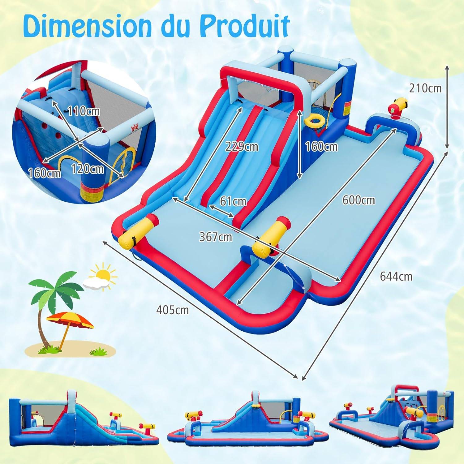 COSTWAY – Château Gonflable 7 En 1 Avec Toboggan, Maison De Saut, Piscine à Balles, Panier De Basket Et Mur D'escalade – 394x389x194 Cm – 50 Balles Incluses – Pour Enfants De 3 à 10 Ans, Charge 90 Kg