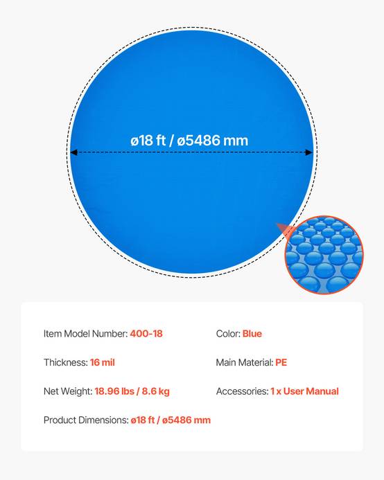 Vevor - VEVOR Bâche solaire ronde 5,49 m, PE 0,4 mm à bulles, chauffe et retient la chaleur, réduit évaporation et débris, couleur bleu. - Image 6