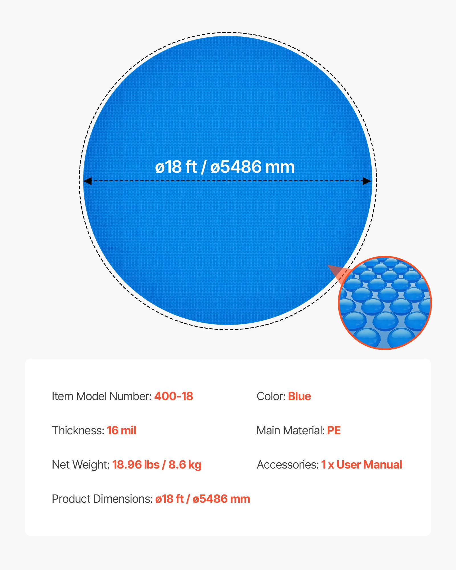 Vevor - VEVOR Bâche solaire ronde 5,49 m, PE 0,4 mm à bulles, chauffe et retient la chaleur, réduit évaporation et débris, couleur bleu. - Image 6