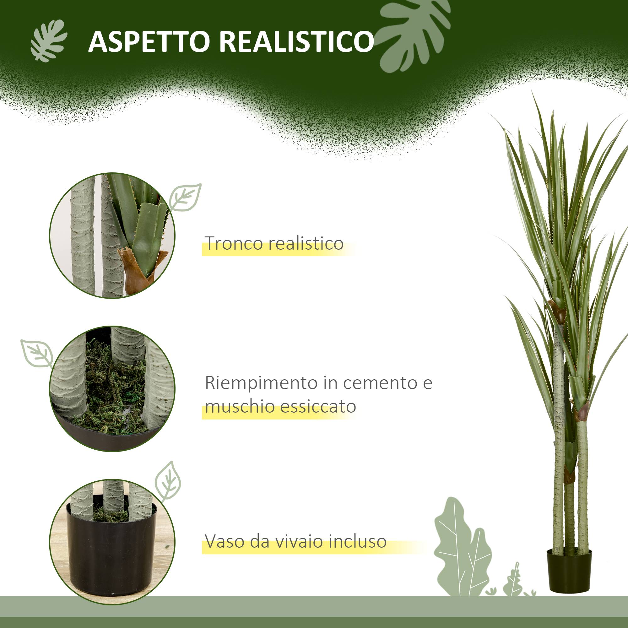 Yucca artificiel 190cm, 39 feuilles, pot PEVA/ciment - Image 6