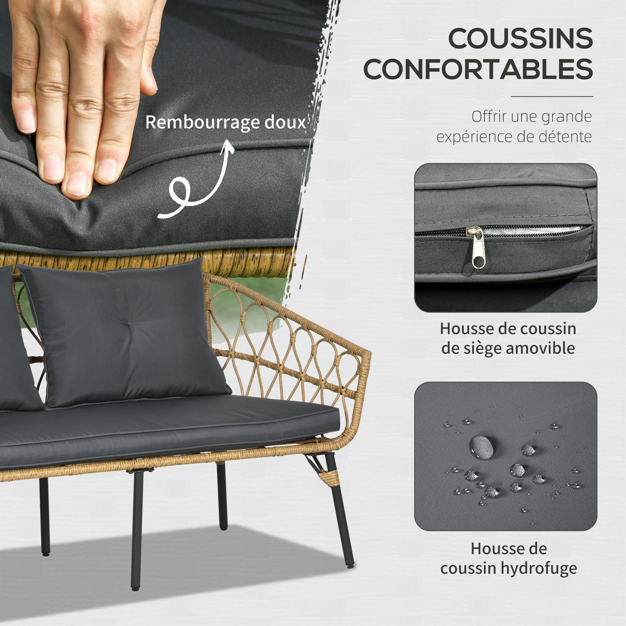 Outsunny - Salon de jardin 4 places 4 pièces style colonial table basse coussins gris inclus résine tressée aspect rotin - Outsunny - Imagen 4