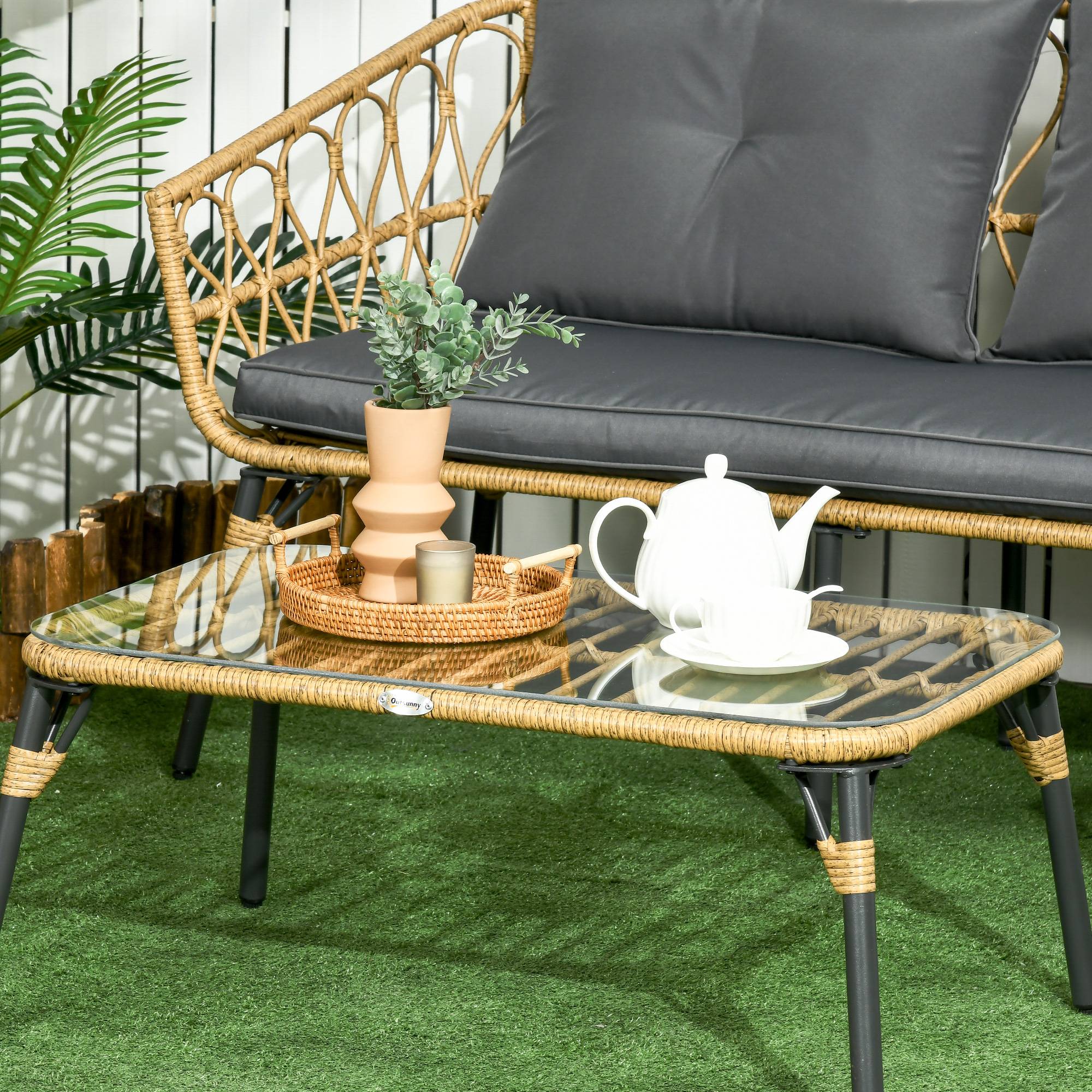 Outsunny - Salon de jardin 4 places 4 pièces style colonial table basse coussins gris inclus résine tressée aspect rotin - Outsunny - Imagen 7