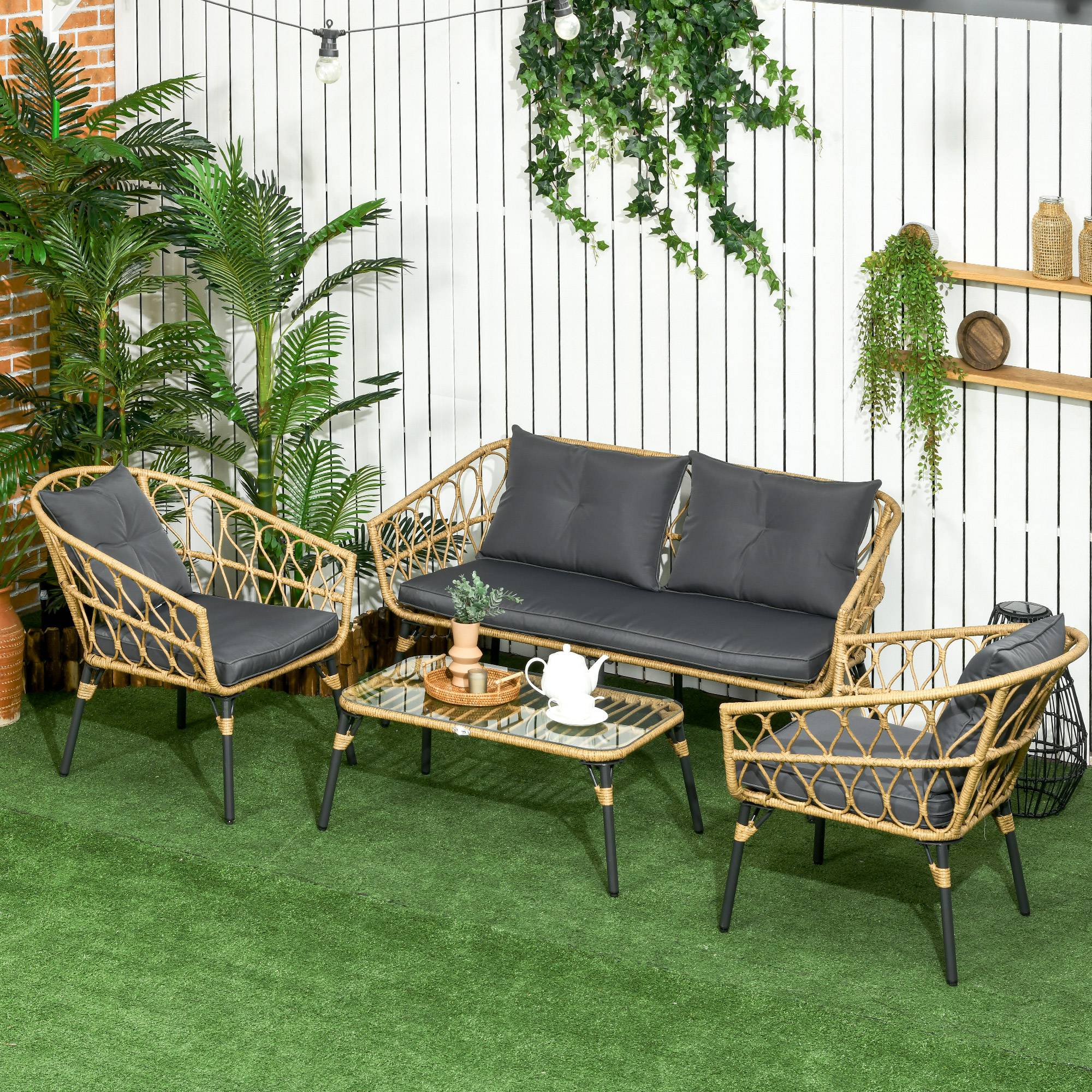 Outsunny - Salon de jardin 4 places 4 pièces style colonial table basse coussins gris inclus résine tressée aspect rotin - Outsunny - Imagen 2