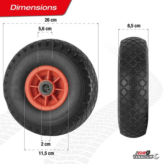 Euro Vanadium - Roue increvable 260 mm (3.00/4) avec axe central et alésage 20 mm pour diable et chariot - Imagen 3