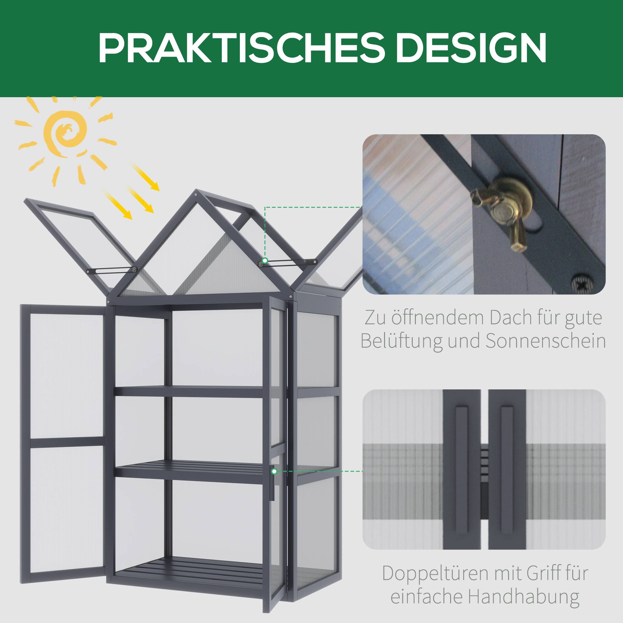 Mini Serre Jardin Bois Gris Balcon Terrasse 3 Étagères Polycarbonate 70x42x132cm - ComfortXL Outdoor Living - Image 5