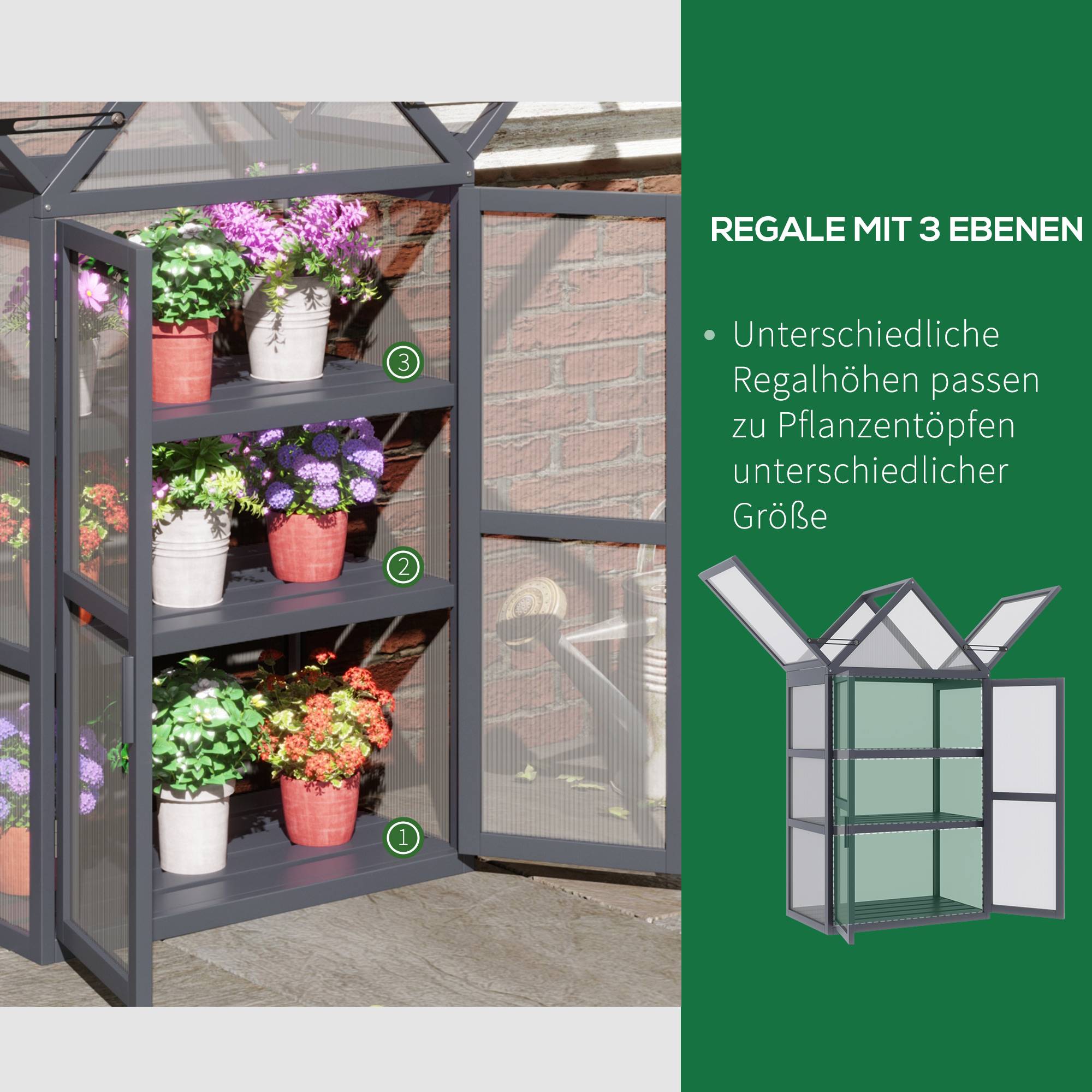 Mini Serre Jardin Bois Gris Balcon Terrasse 3 Étagères Polycarbonate 70x42x132cm - ComfortXL Outdoor Living - Image 6